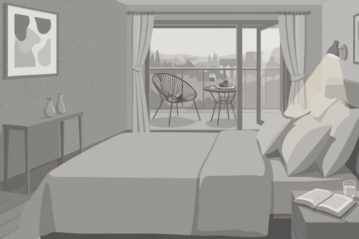 Deluxe Zimmer mit Kingsize-Bett, Stadtblick und Balkon